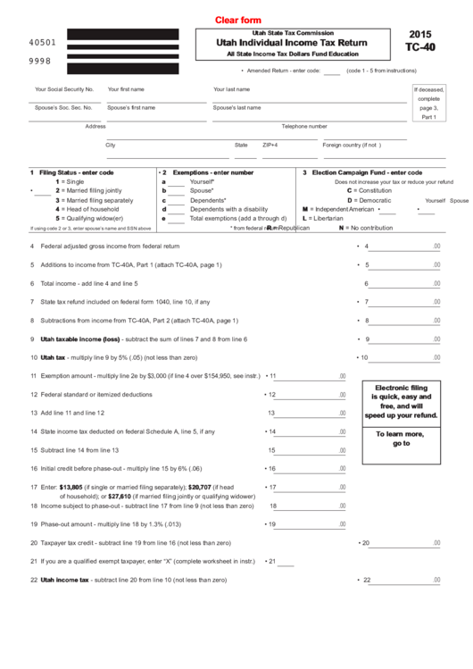 Fillable 2015 Tc-40 - Utah Individual Income Tax Return Printable pdf