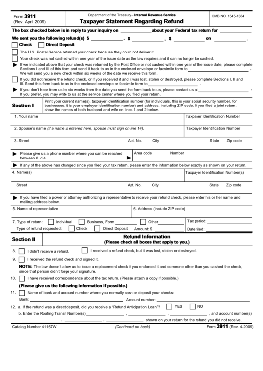 Form 3911 Taxpayer Statement Regarding Refund (Fillible) printable
