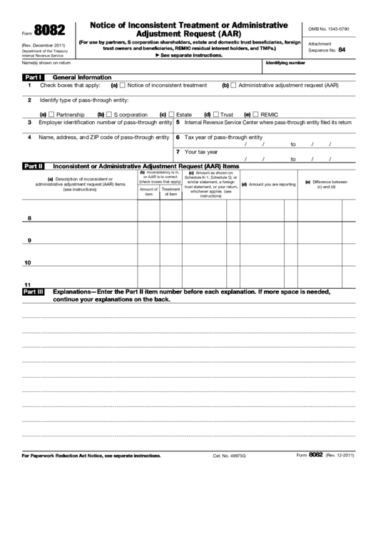 Fillable Form 8082 - Notice Of Inconsistent Treatment Or Administrative Adjustment Request Printable pdf
