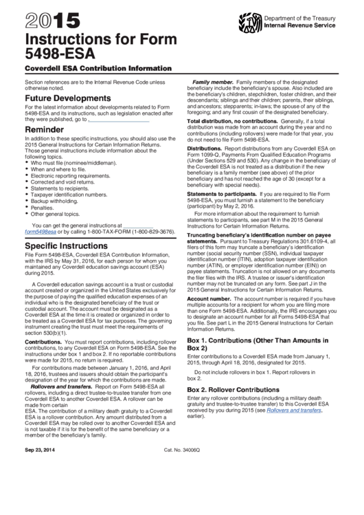 Instructions For Form 5498-Esa (2015) Printable pdf
