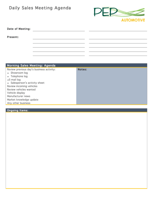 Daily Sales Meeting Agenda Template Printable pdf