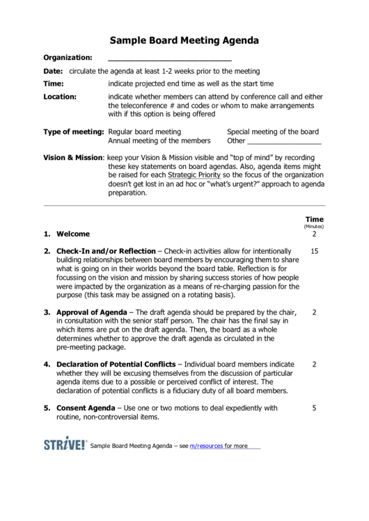 Sample Board Meeting Agenda Template Printable pdf