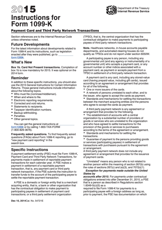 Instructions For Form 1099-K - 2015 Printable pdf