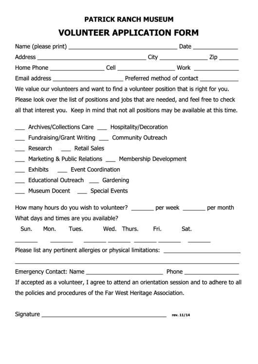 Patrick Ranch Museum Volunteer Application Form Printable pdf