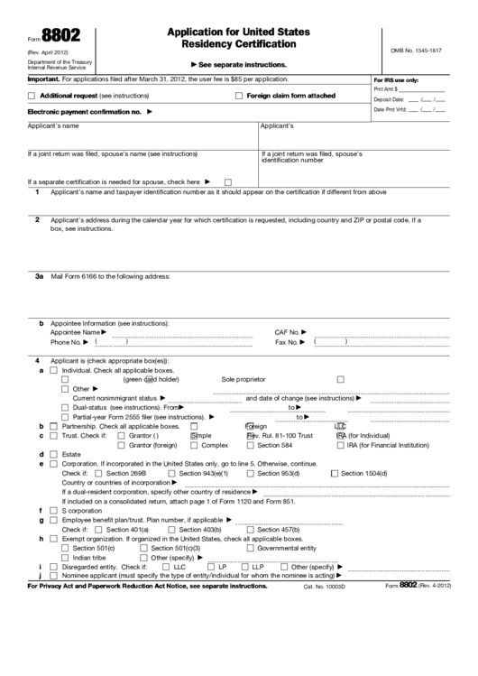 Fillable Form 8802 - Application For United States Residency Certification Printable pdf