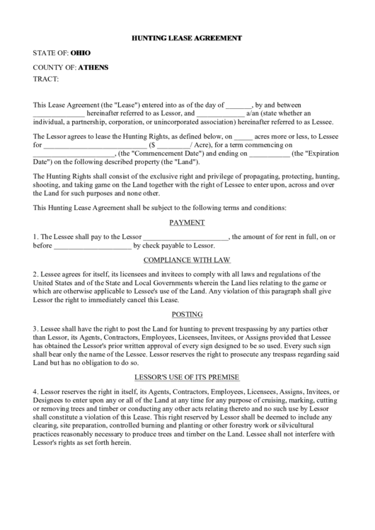 Hunting Lease Agreement Printable pdf