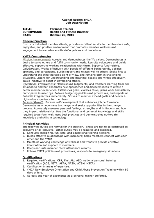 Capital Region Ymca Job Description Template Printable pdf