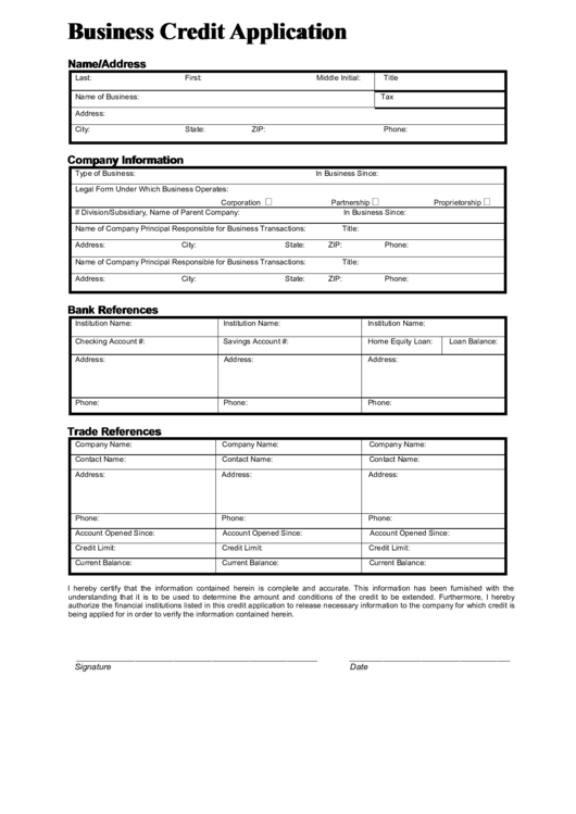 Business Credit Application Printable pdf