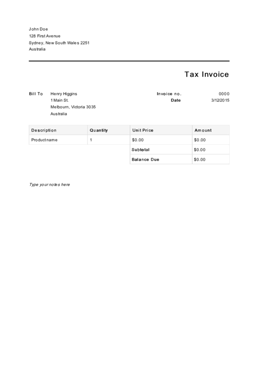 Sample Tax Invoice Template Printable pdf