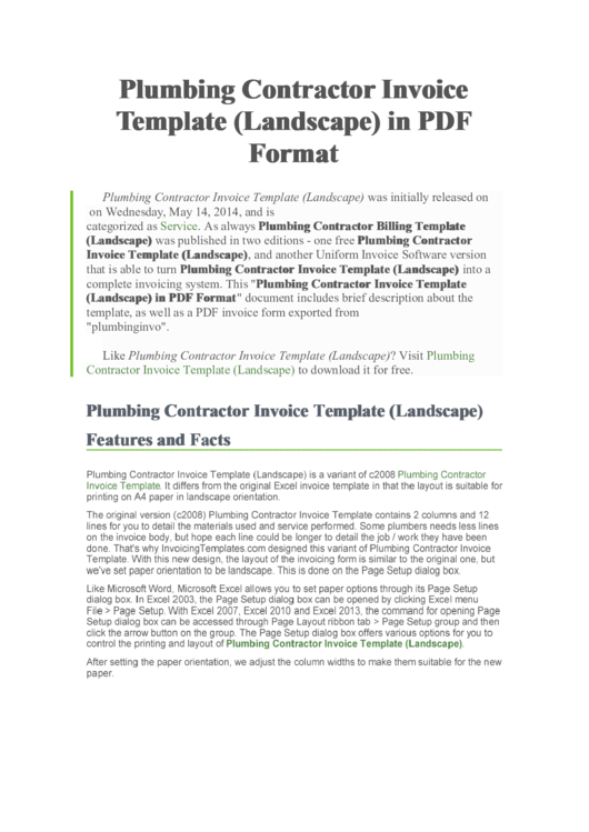 Plumbing Contractor Invoice Template Printable pdf