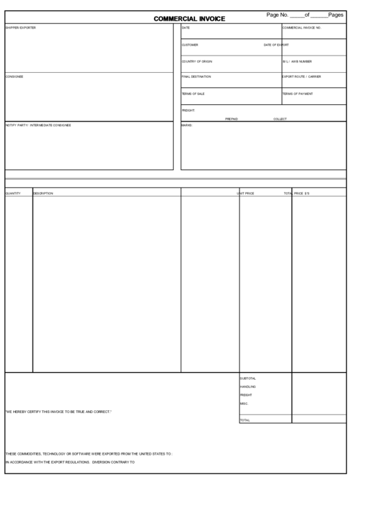 Fillable Commercial Invoice Template Printable pdf