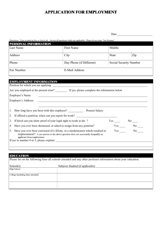 Application For Employment Form Printable pdf