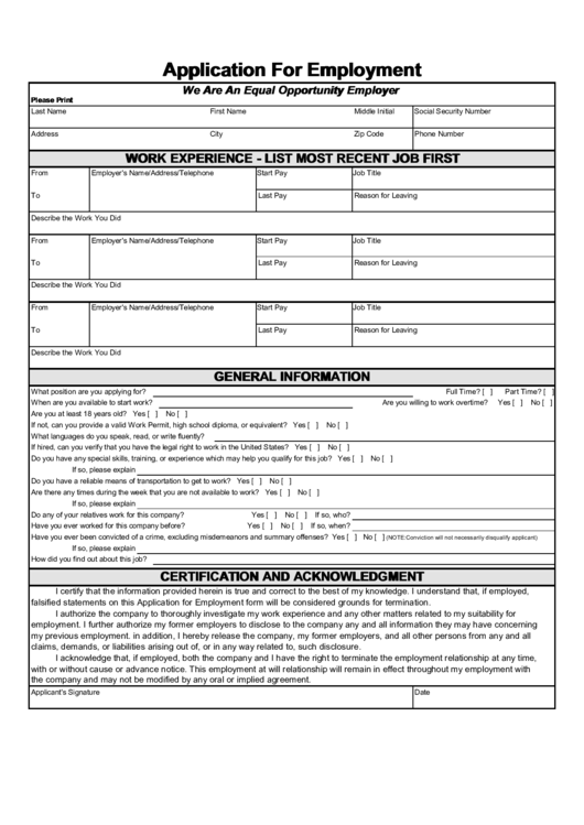 14 Employment Application Form Examples Pdf Examples Employmentapplicationformtemplate At Will 1612