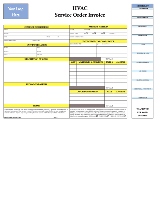 Fillable Hvac Service Order Invoice Template Printable pdf