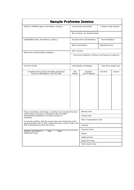 Sample Proforma Invoice Template Printable pdf