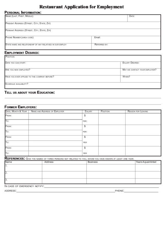 Restaurant Application Form For Employment Form Printable pdf