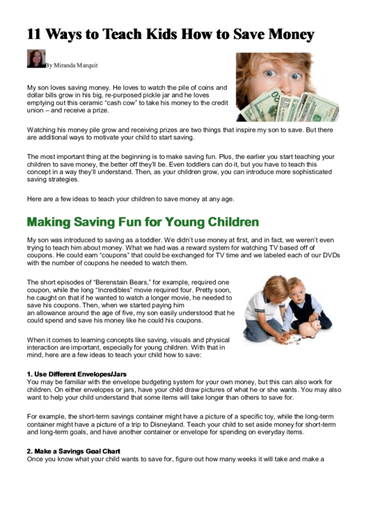 11 Ways To Teach Kids How To Save Money Printable pdf