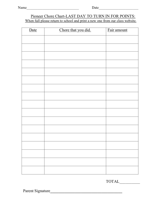 Pioneer School Chore Chart Printable pdf