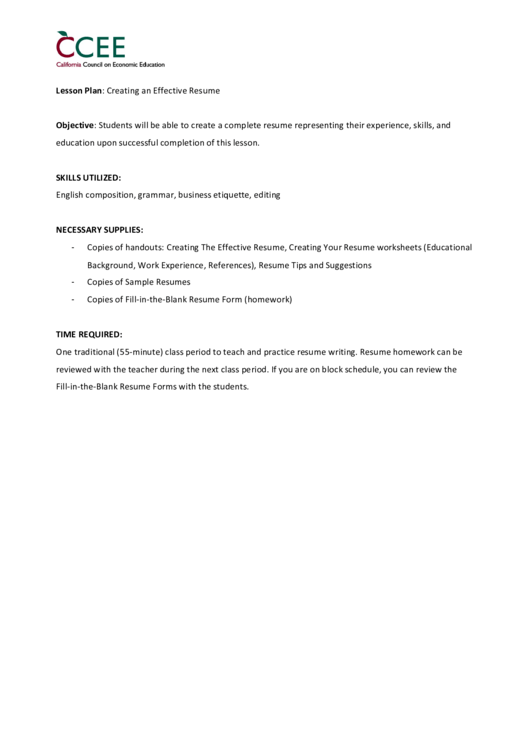 Resume Lesson Plan Template & Worksheet Printable pdf
