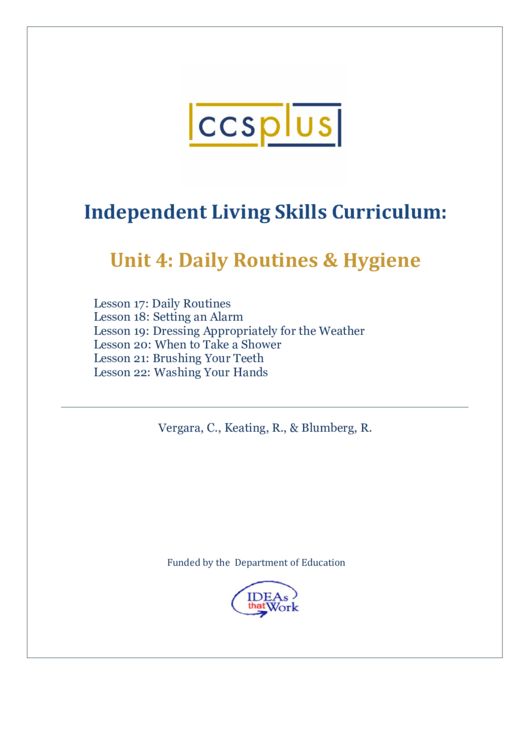Independent Living Skills Curriculum - Daily Routines & Hygiene Printable pdf