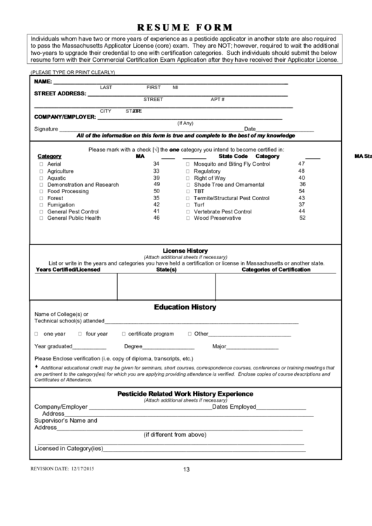 Pesticide Applicator Resume Form Printable pdf
