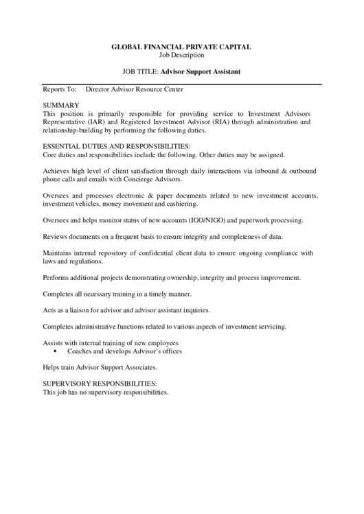 Global Financial Private Capital Job Description Template printable pdf