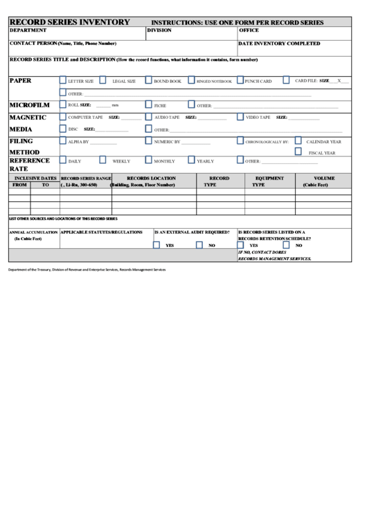 Fillable Department Of The Treasury - Record Series Inventory Printable pdf