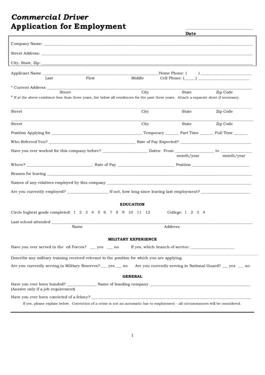 Commercial Driver - Application For Employment Template Printable pdf