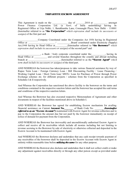 Tripartite Escrow Agreement Draft Printable pdf
