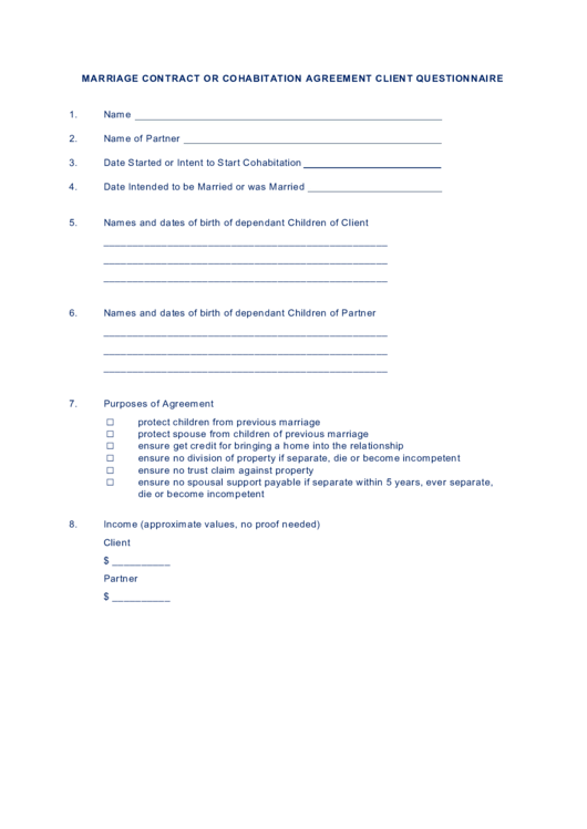 Fillable Marriage Contract Or Cohabitation Agreement Client Questionnaire Printable pdf