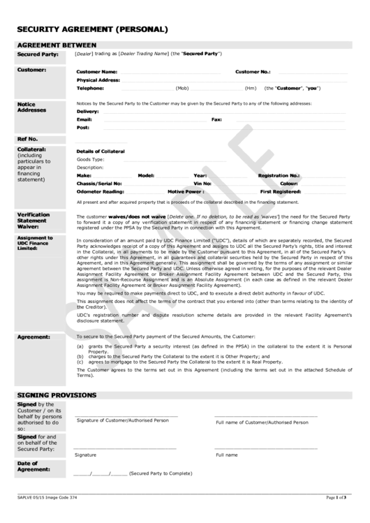 Security Agreement (Personal) Sample Printable pdf