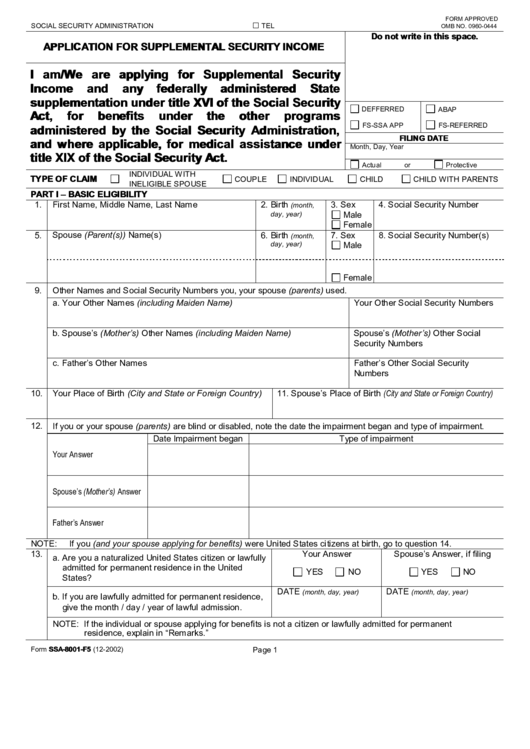 Fillable Form Ssa-8001-F5 - Application For Supplemental Security Income Printable pdf
