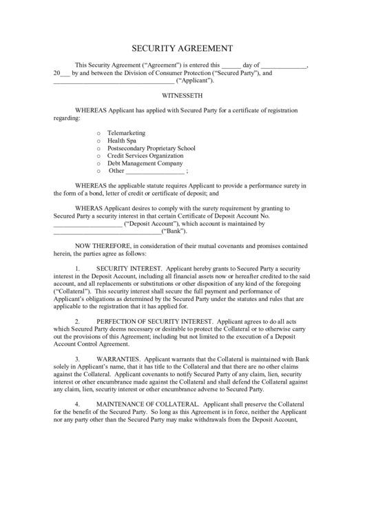 Fillable Security Agreement Printable pdf