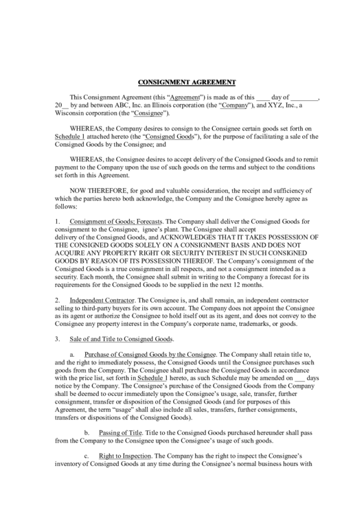 Consignment Agreement Printable pdf
