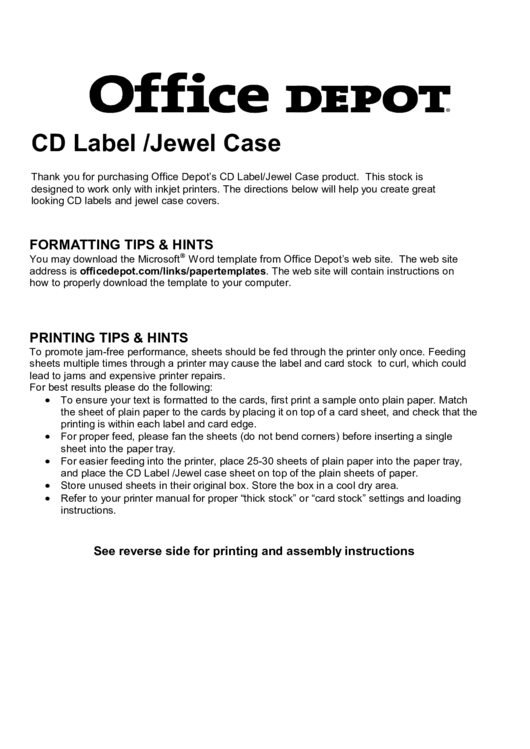 Office Depot Cd Label/jewel Case Printable pdf
