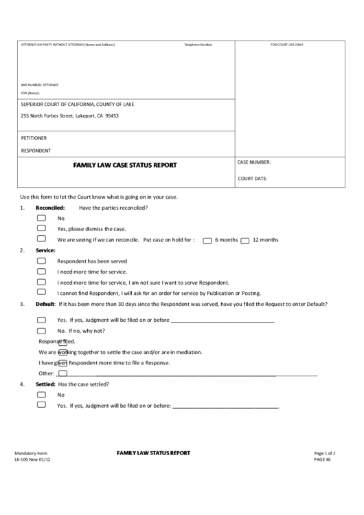 Family Law Status Report Printable pdf