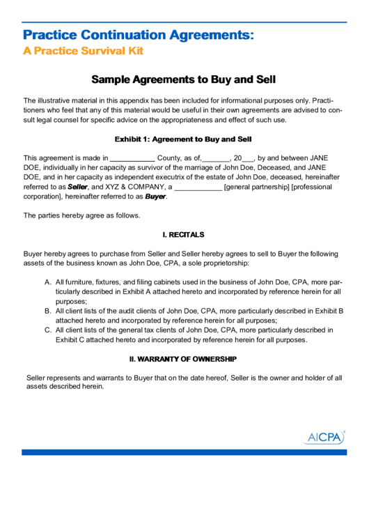 A Practice Survival Kit Sample Agreements To Buy And Sell Printable pdf