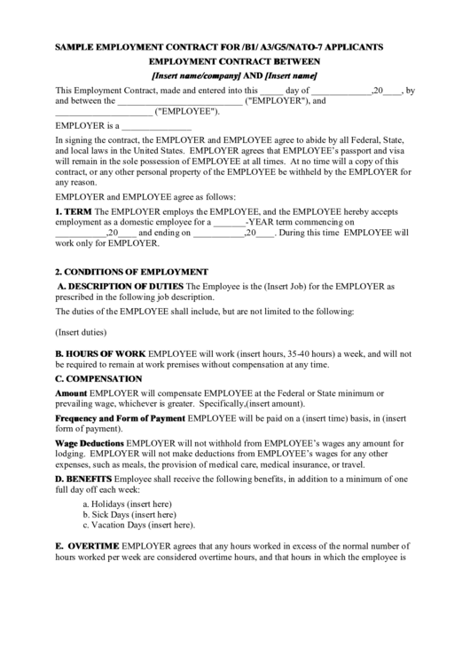 Sample Employment Contract Template For/b1/a3/g5/nato-7 Applicants Printable pdf
