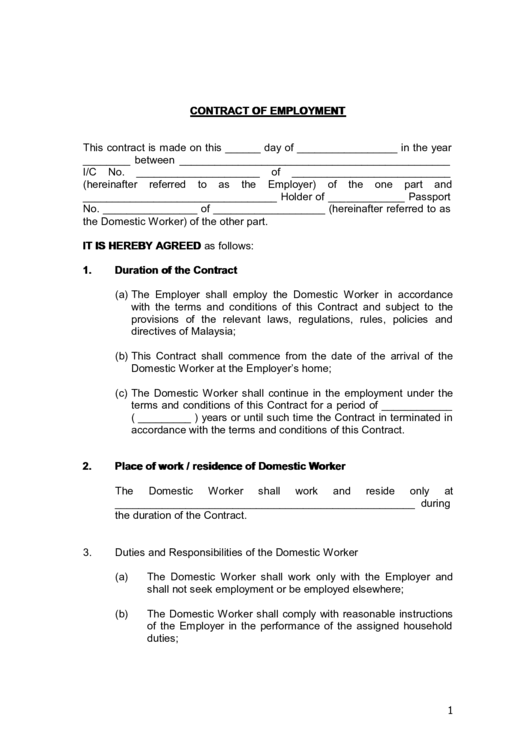 Contract Of Employmenttemplate Printable pdf