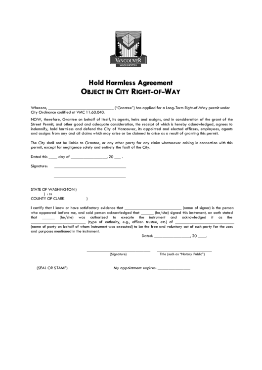 Vancouver Hold Harmless Agreement Printable pdf
