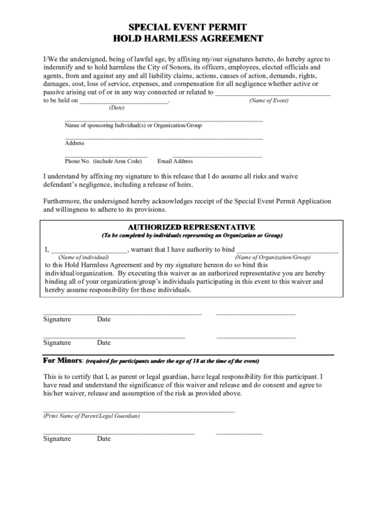 Special Event Permit Hold Harmless Agreement Printable pdf