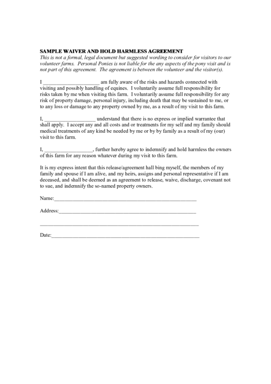 Personal Ponies Sample Waiver And Hold Harmless Agreement Printable pdf