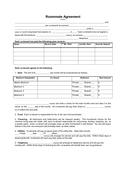 Roommate Agreement Printable pdf