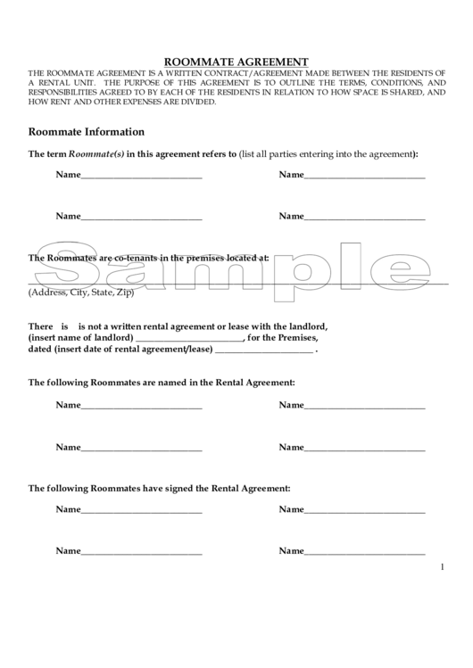 Roommate Agreement Printable pdf