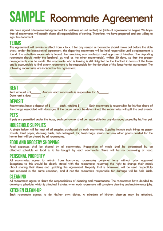 Sample Roommate Agreement Printable pdf