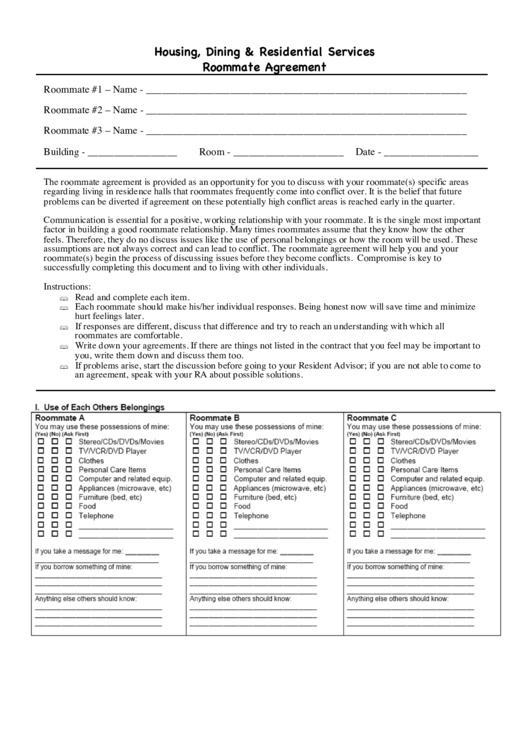 Housing, Dining & Residential Services Roommate Agreement Printable pdf