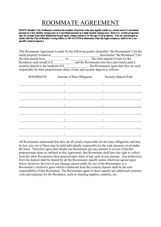 Roommate Agreement Printable Pdf Download