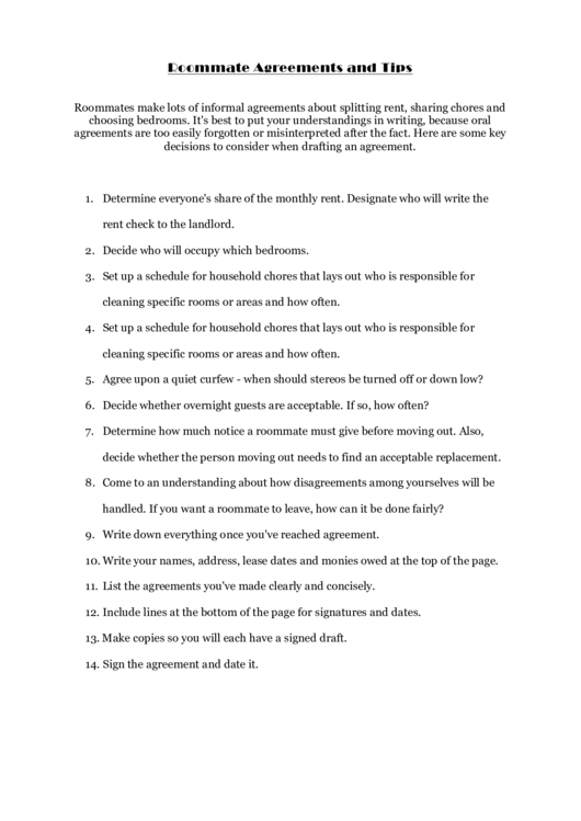 Roommate Agreements And Tips Template Printable pdf