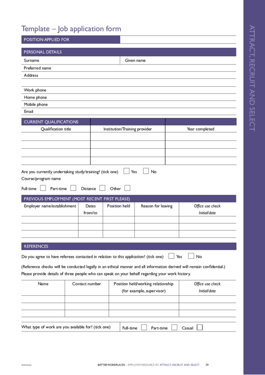 Template - Job Application Form Printable pdf