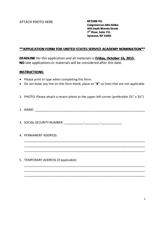 Application Form For United States Service Academy Nomination